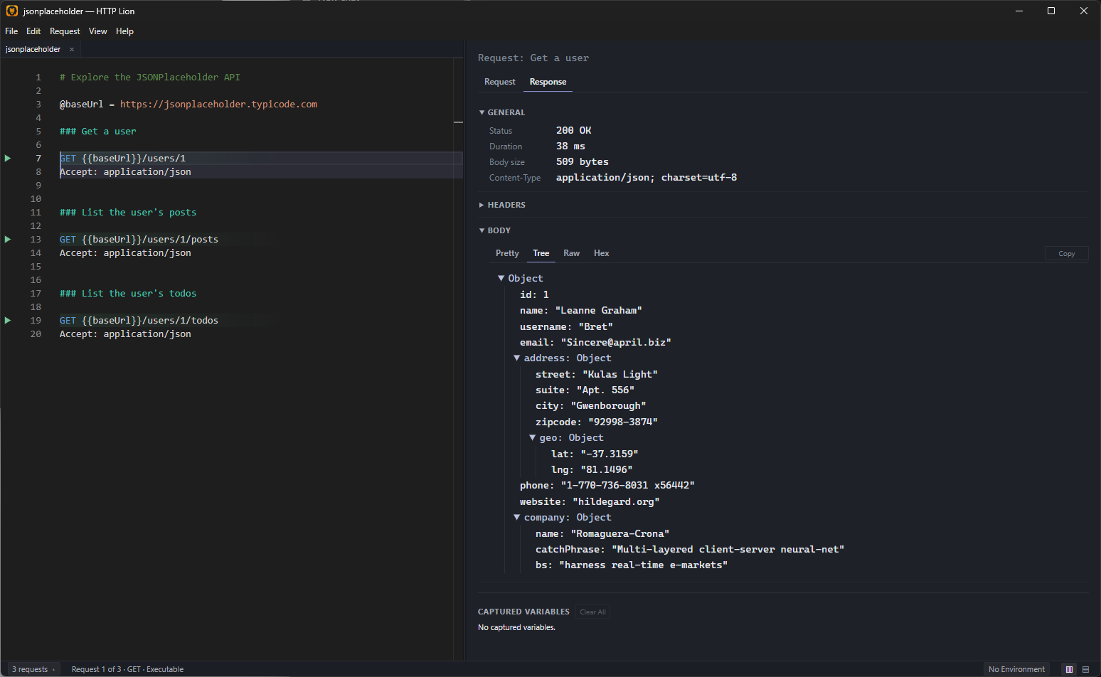 HTTP Lion with three plain-text API requests and a JSON response shown in the Tree inspector.